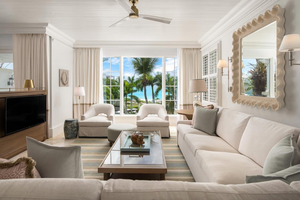 The Palms Unit 2401/02 renovated living room with ocean view, Grace Bay, Turks and Caicos