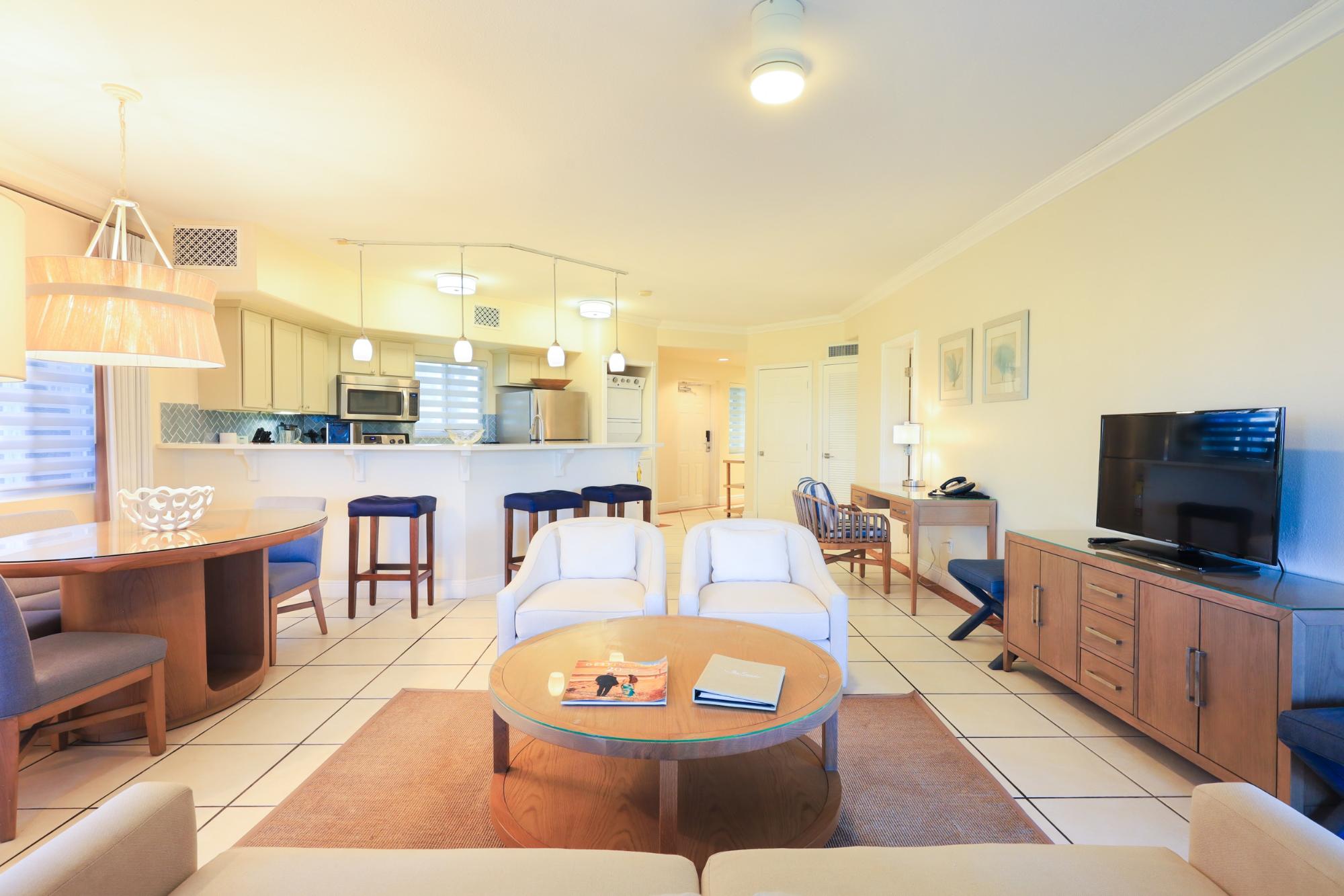 The Sands at Grace Bay Unit 3115 open-plan living room and kitchen, Turks and Caicos