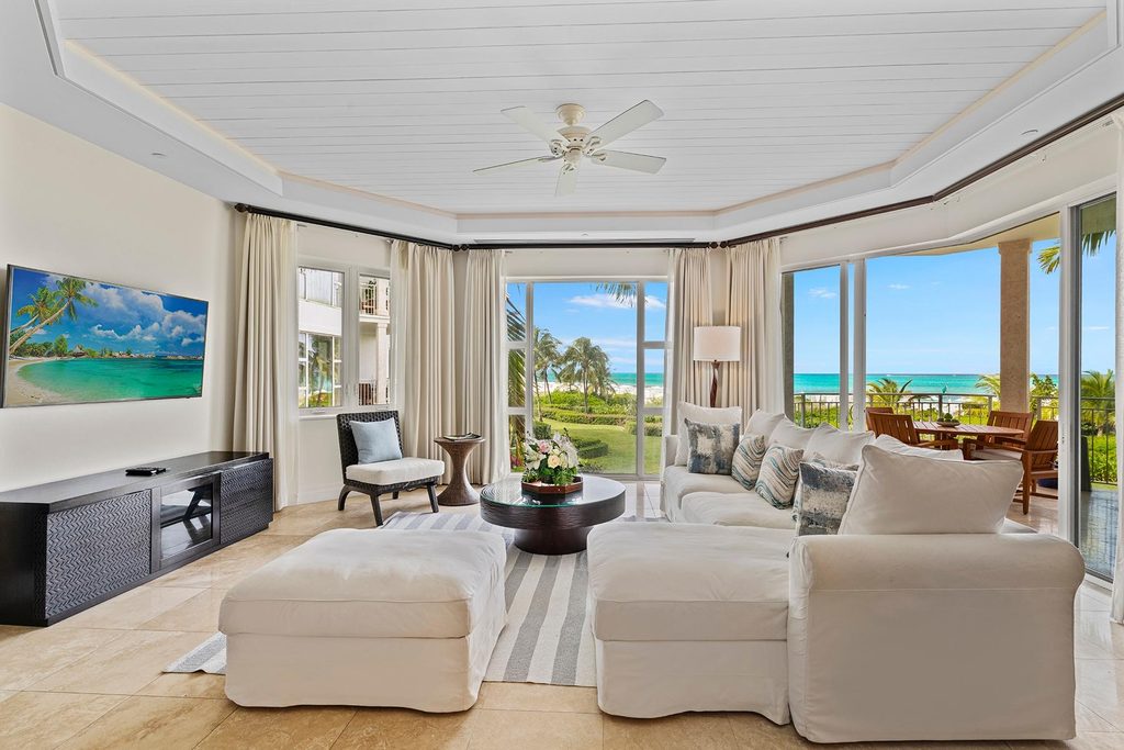 West Bay Club Unit 206 living room with ocean view, Grace Bay Beach, Turks and Caicos
